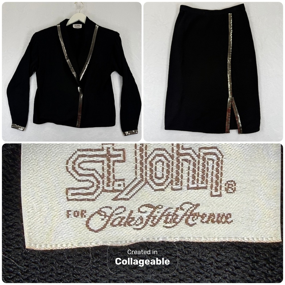 Vtg St John Santana Knit Sweater Skirt Set Sequins Embellished Sz 6 Made in USA